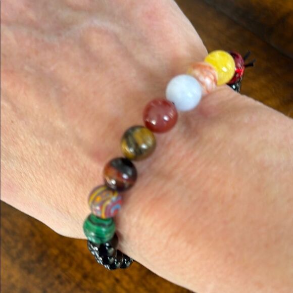 Colorful Chakra Energy Bead Bracelet, Stretch Design, Black Gloss & Gemstone Mix - Picture 3 of 10